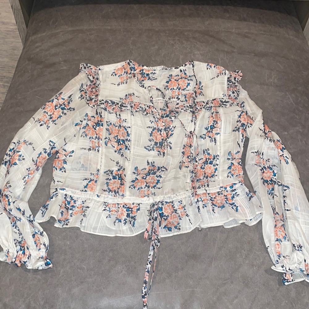 Veronica Beard White Floral Ruffle Peasant Blouse